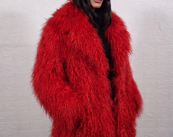Mongolian sheepskin wool coat red long knee length heavy fluffy winter overcoat