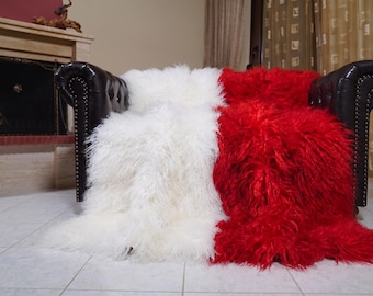 Mongolian sheepskin throw blanket white red two tone fluffy wool luxury sofa accent