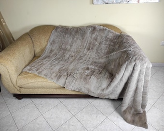 Real Gray Rex Rabbit Fur Blanket Throw • Personalized Housewarming Gift Sofa Cover n Bedspread •  Handmade Genuine Fur