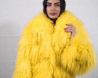 Mongolian sheepskin wool jacket yellow fluffy women hip length vibrant winter coat