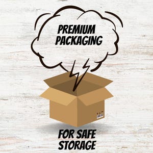 Puede incluir: Una caja de cart&oacute;n marr&oacute;n con las solapas superiores abiertas, sobre un fondo blanco con vetas de madera. Encima de la caja, una nube negra contiene las palabras "PREMIUM PACKAGING". Debajo, el texto dice "FOR SAFE STORAGE".