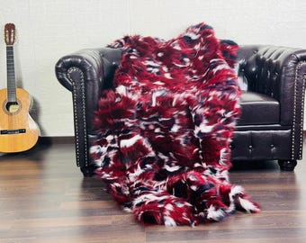 Fox fur real throw blanket Red and White pattern luxurious bedspread fox fur rug for living room and bed decor
