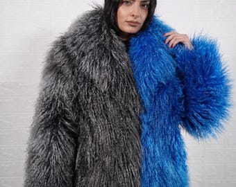 Mongolian sheepskin wool jacket gray blue two tone fluffy hip length coat women