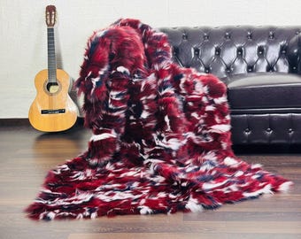UNIQUE Real FOX FUR Throw Blanket Red White Black • Large Area Rug  • Genuine Fur Rug  • Ethically Farmed Fox Fur  • Scandinavian Decor