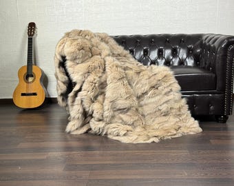 Real Beige Fox Fur Throw • Personalized Genuine Fur Throw Rug • Housewarming Gift • Handmade Vintage Fur Throw for Living Room n Bedroom