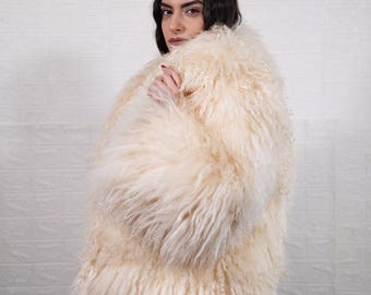 Mongolian sheepskin wool jacket cream beige fluffy collar women luxury outerwear