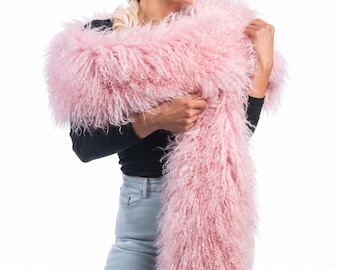 Mongolian sheepskin wool scarf pink extra long fluffy luxury winter wrap women