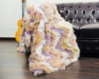 Luxury Real FOX FUR Throw Blanket Colorful • Large Area Rug  • Genuine Fur Rug  • Ethically and Organic Farmed Fox Fur  • Scandinavian Decor