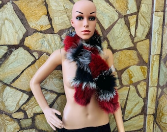 GORGEOUS Real Fox Fur Scarf Red Black Silver – Cozy Winter Wrap – Luxurious, Sustainable Fashion Statement