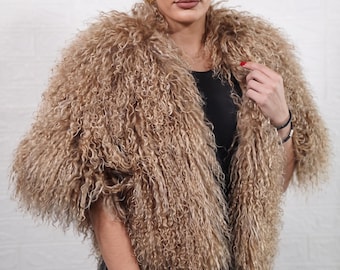 Mongolian sheepskin etol collar light brown fluffy wool soft neutral wrap women winter