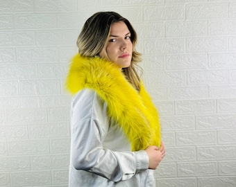 Yellow fluffy warm fox fur collar scarf , detachable luxury fur wrap, soft elegant fur stole