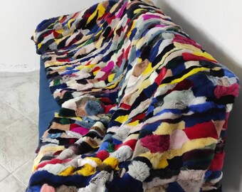 Real Colorful  Rex Rabbit Fur Blanket Throw • Personalized Housewarming Gift Sofa Cover n Bedspread •  Handmade Genuine Fur