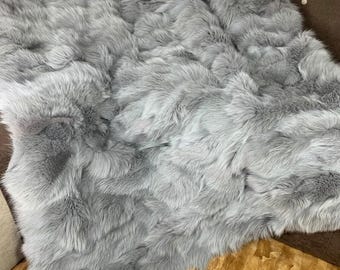 Real Grey Fur Blanket • Personalized Fox Fur Blanket Throw • Handmade Genuine Fur Blanket • Fur Bedspread n Sofa Cover
