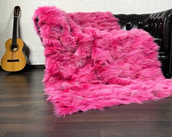 Real DOUBLE SIDED Fuchsia Fox Fur Throw Personalized Genuine Fur Throw Rug • Housewarming Gift • Handmade Vintage Fur Throw for Living Room