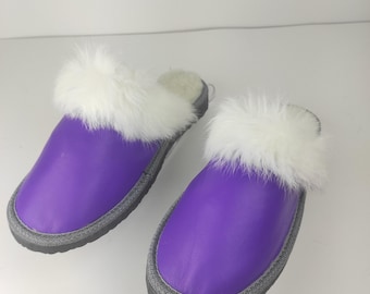 Fur Sheepskin Leather Slippers Purple for Women • Cozy Warm House Wool Slippers  •  Handmade genuine leather slippers
