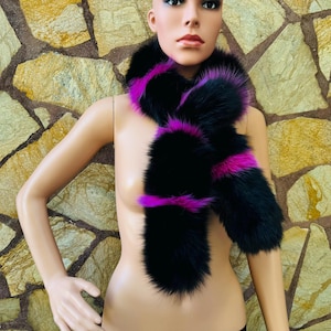 OUTSTANDING Real Fox Fur Scarf Black Fuchsia – Cozy Winter Wrap – Luxurious, Sustainable Fashion Statement