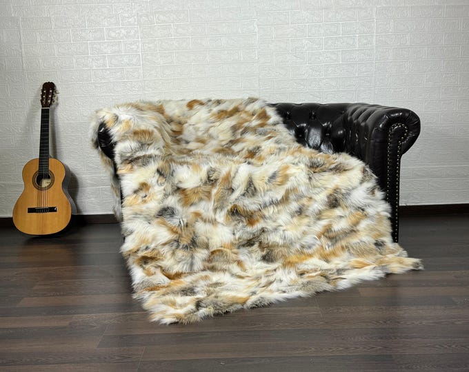 Featured listing image: Real Golden Fur Blanket • Personalized Fox Fur Blanket Throw • Handmade Genuine Fur Blanket • Fur Bedspread n Sofa Cover