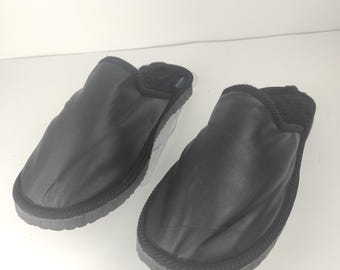 Fur Sheepskin Leather Slippers Black for Men • Cozy Warm House Wool Slippers  •  Handmade genuine leather slippers