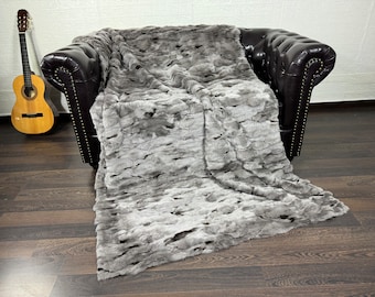 Real Rabbit Fur Blanket Throw Grey • Personalized Handmade Fur Sofa Cover n Bedspread • Vintage Rabbit fur Throw Blanket
