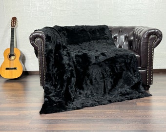 Real Rabbit Pelt Fur Blanket Throw Black • Personalized Handmade Fur Sofa Cover n Bedspread • Vintage Rabbit fur Throw Blanket