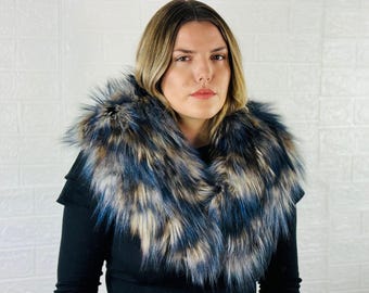 Real Fox Fur Collar •  Genuine Fur Collar Blue Beige • Real Fur Scarf • Fur Wrap • Fur Shawl