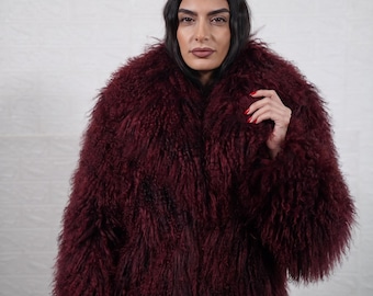 Mongolian sheepskin wool jacket red burgundy fluffy hip length wine winter coat women