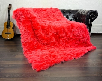 Real DOUBLE SIDED Orange Red Fox Fur Throw • Personalized Genuine Fur Throw Rug • Handmade Vintage Fur Throw for Living Room n Bedroom