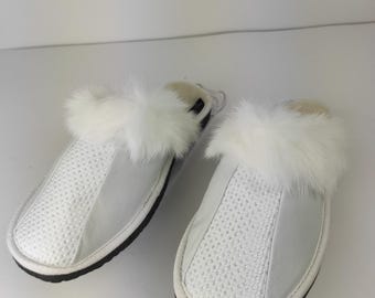 Fur Sheepskin Leather Slippers White for Women • Cozy Warm House Wool Slippers  •  Handmade genuine leather slippers