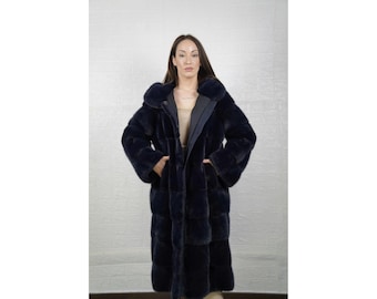 Reversible mink & synthetic blue fur jacket coat long with hood for women personalized full skin pelts mink jacket timeless style