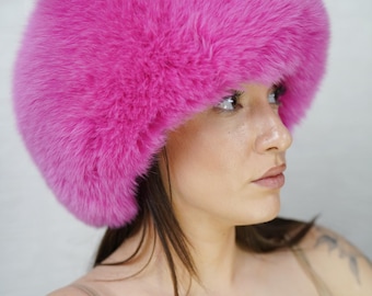 GORGEOUS Real Fox Fur Hat Fuchsia- Handcrafted Elegance for Winter Chic - Ethically and Organically Farmed Fox Fur