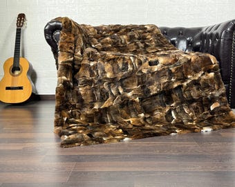 Real Rabbit Fur Blanket Throw Orilax • Handmade Fur Sofa Cover n Bedspread • Vintage Rabbit fur Throw Blanket