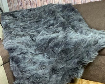 Real Gray Fur Blanket • Personalized Fox Fur Blanket Throw • Handmade Genuine Fur Blanket • Fur Bedspread n Sofa Cover