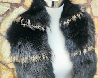 Fluffy fox fur collar scarf black with golden detailing, warm detachable luxury fur wrap, soft elegant fur stole