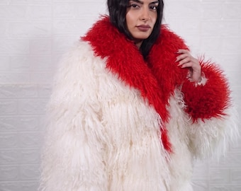 Mongolian sheepskin wool jacket white red collar cuffs fluffy christmas hip coat