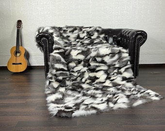 Fox fur real throw blanket Black and White pattern luxurious bedspread fox fur rug for living room and bed decor