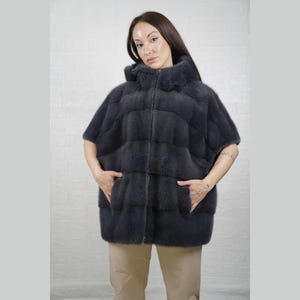 Gray mink fur cape jacket with hood for stylish winter adventures, a must-have fashion piece, fur coat gift for her
