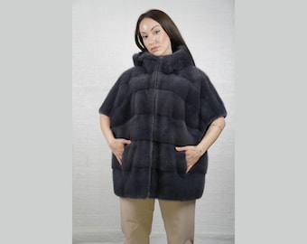 Gray mink fur cape jacket with hood for stylish winter adventures, a must-have fashion piece, fur coat gift for her