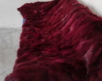 Red real fox fur throw blanket, elegant bedspread & fox fur rug for living room and bedroom design