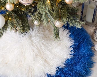 Mongolian sheepskin christmas tree skirt blue white fluffy luxury holiday decor