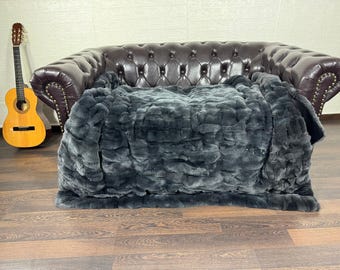 Real DOUBLE SIDED Gray Rex Rabbit Fur Blanket Throw • Handmade Fur Sofa Cover n Bedspread • Vintage Rabbit fur Throw Blanket