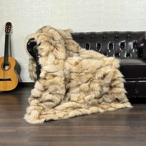Gorgeous fox fur throw blanket in natural beige, real bedspread & fox fur rug for living room and bedroom style, housewarming decor