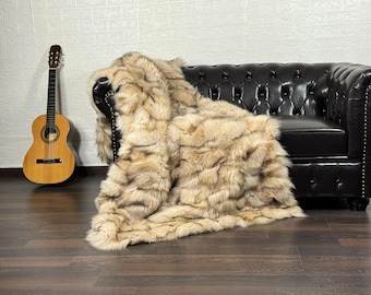 Gorgeous fox fur throw blanket in natural beige, real bedspread & fox fur rug for living room and bedroom style, housewarming decor