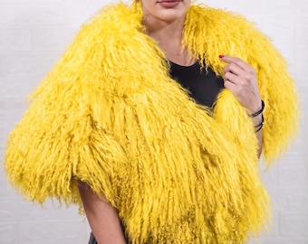 Mongolian sheepskin etol collar yellow fluffy wool sunny statement wrap women winter