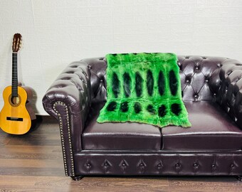 Real DOUBLE SIDED Green with Black Rex Rabbit Fur Blanket Throw • Handmade Fur Sofa Cover n Bedspread • Vintage Rabbit fur Throw Blanket