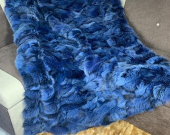 Real Blue Fur Blanket • Personalized Fox Fur Blanket Throw • Handmade Genuine Fur Blanket • Fur Bedspread n Sofa Cover