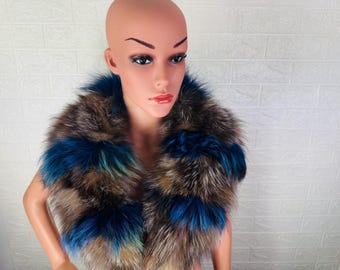 Unique fox fur collar scarf crystal with blue detailing, handmade luxury fur wrap, soft elegant fur stole, ethically farmed fox fur