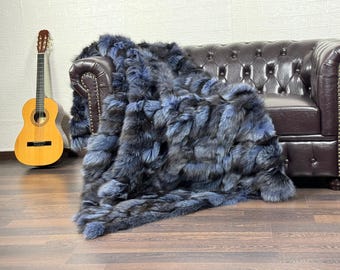 Real Blue Fox Fur Throw • Personalized Genuine Fur Throw Rug • Housewarming Gift • Handmade Vintage Fur Throw for Living Room n Bedroom