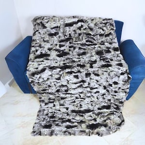 Real Rabbit Fur Blanket Throw Chinchilla Color Rex •  Personalized Handmade Fur Sofa Cover n Bedspread • Vintage Rabbit fur Throw Blanket