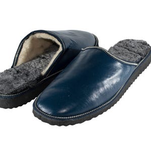Fur Sheepskin Leather Slippers Blue for Men • Cozy Warm House Wool Slippers  •  Handmade genuine leather slippers