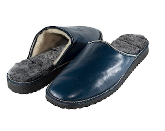 Fur Sheepskin Leather Slippers Blue for Men • Cozy Warm House Wool Slippers  •  Handmade genuine leather slippers
